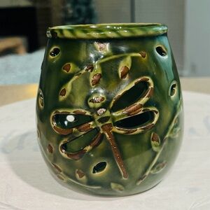 Vintage Color Green Ceramic Dragonfly Motif  Pot Candle Holder